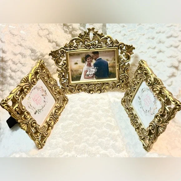 Elegant  Antique Gold Ornate Metal Picture Frames with easel stand
3 piece set - Picture 2 of 7